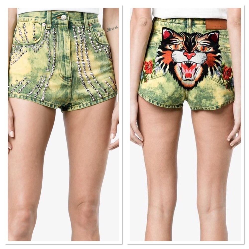 NWT Gucci Studded And Tiger Embroidered Denim Shorts $1,195